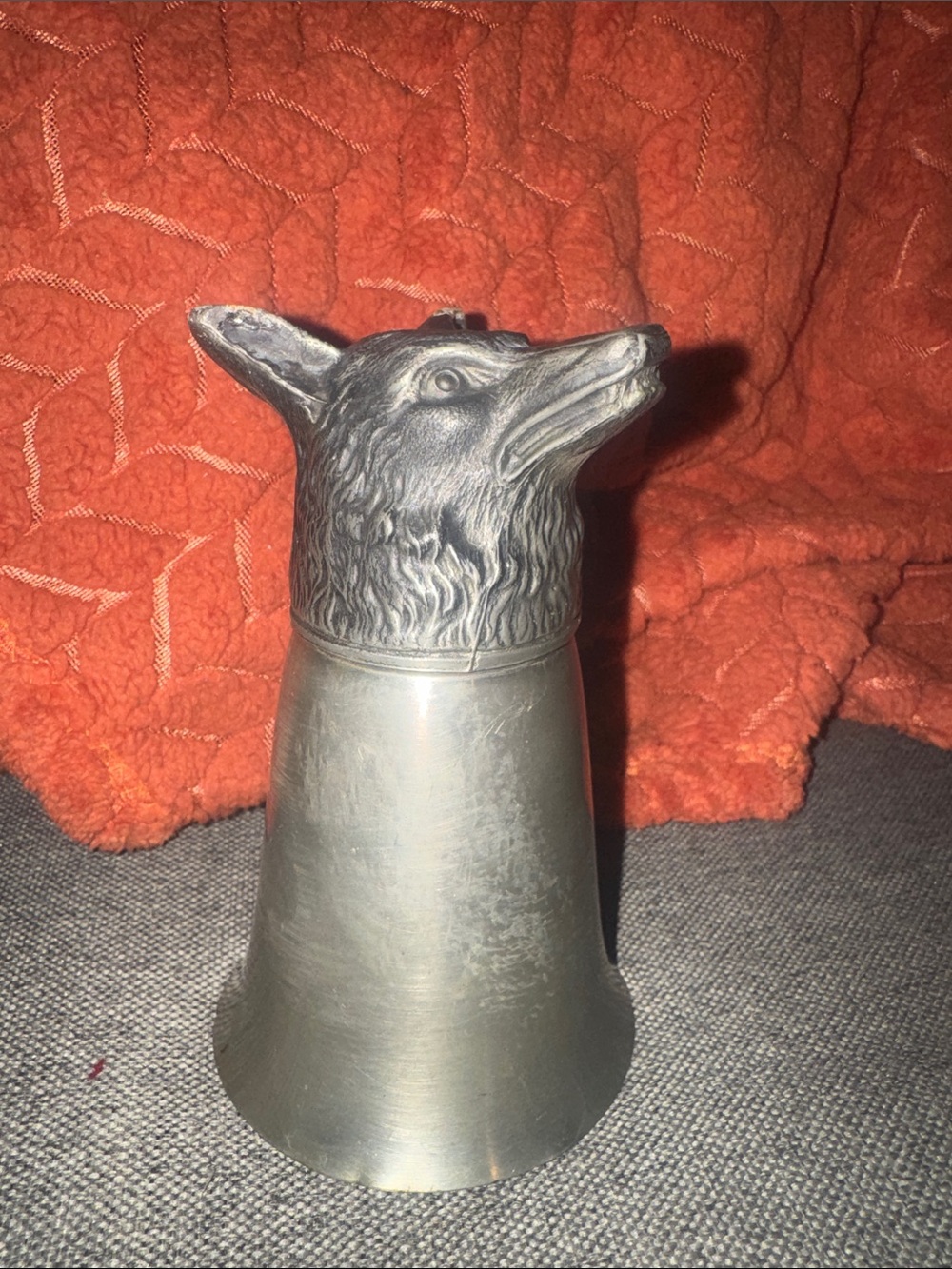 Vintage Pewter Tone Metal Figural Fox Head Goblet / Stirrup Cup Barware